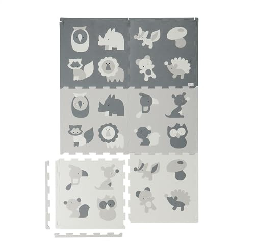 Relaxdays Puzzle Play Mat, Interlocking Floor Tiles, Animal Design, Non-Toxic, EVA Foam, Baby Playmat, White/Grey