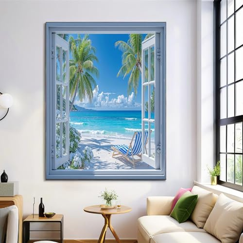 GDJSMIN Strandblick Mit Palmen Leinwand Bilder Kunstdrucke Realistisches Weißes Fenster Malerei Wandbilder auf Leinwand Wohnzimmer Schlafzimmer Wanddeko 60×90 cm