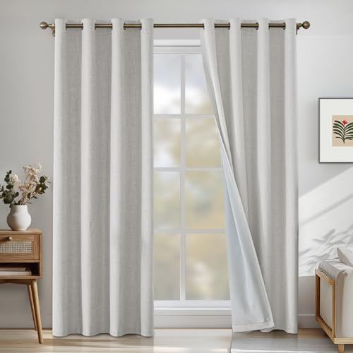 CYCMACO Verdunklungsvorhänge Leinen 2er Set, 140x300cm, Kälteschutz Thermovorhang Mit Ösen, Lärmschutzvorhang, Wohnzimmer Lichtundurchlässig Vorhänge, Schlafzimmer Vorhänge, Beige