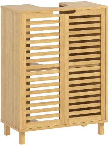 HOMCOM Waschbeckenunterschrank Badezimmer Unterschrank aus Bambus Badezimmerschrank mit 2 Lamellentüren und verstellbarem Einlegeboden, Waschtischunterschrank, Natur, 60 x 30 x 80 cm