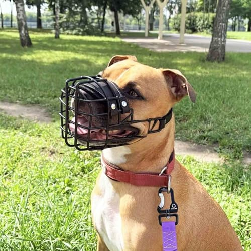 SYORIX Muselière en métal pour chien #37 pour Amstaff et Pit Bull - Panier en fil recouvert de plastique pour crâne large - Sangles en cuir respirantes et réglables