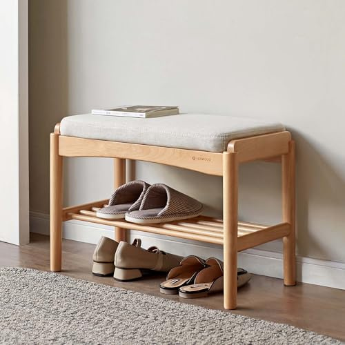 YESWOOD Schuhbank mit Sitzpolster Massivholz Buche, Sitzbank für Flur mit Schuhablage, Gepolsterte Bank mit Offenem Regal, Holz Bank für Eingangsbereich Schlafzimmer, Natur