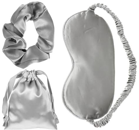 TEHAUX Ensemble 3 Pièces Masque de Sommeil en Soie Imitation, Gris Business, Cache-yeux Doux et Respirant Cordon Élastique pour Cheveux, Masque de Voyage Confortable pour Détente