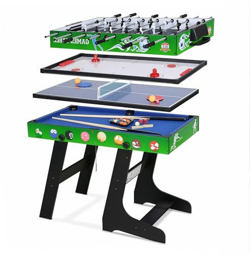 Hyner 4 in 1 Multiplay-Tisch - 1,2 m Tischfußball / Air Hockey / Ping-Pong mit Zubehör / Faltbarer Billardtisch - Ideal für Familienspiele im Innenbereich (103 x 58 x 73 cm)