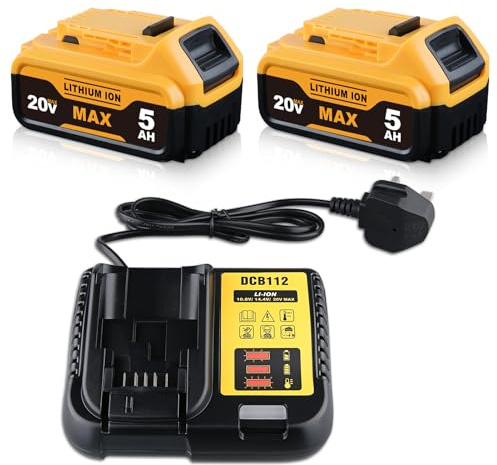 2PACK 5.0AH Li-ion 18V Battery and charger Replacement for Dewalt Battery charger Compatible with DCB200 DCB204 DCB206 DCB201 DCB203 DCB181 DCB180 20V DCD/DCF/DCG/DCS Series Compatible cordless power