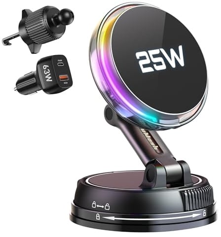 Qi2.2 25W Auto-Halterung mit Ladegerät, [Telefon-Kühlventilator & RGB-Beleuchtung] Kabelloses Auto-Ladegerät mit 78+ lbs Vakuum-Saugnapf, magnetische Halterung mit 63W-Adapter für iPhone 17–12