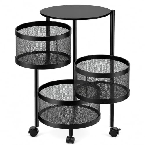 Trolley Rack Kitchen Organiser Cart Shelf, Rotating, Multi-Tier Vegetable Rack with Wheels, Space Saving Storage for Kitchen, Bathroom, Laundry Room, Pantry & Home Organisation (Black, Round 4 Tier)