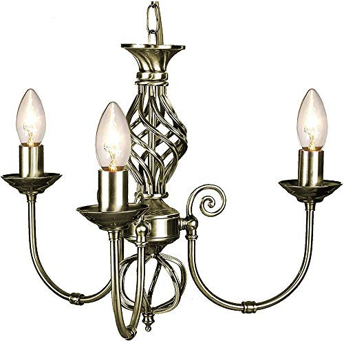 Traditional Antique Brass Plated 3 Arm Pendant Ceiling Light Fitting with Twist Knot Design by Happy Homewares