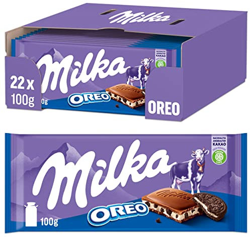 Milka & OREO Schokoladentafel, Zarte Milka Alpenmilch Schokolade mit knusprigen original OREO-Keksstückchen, 22 x 100g