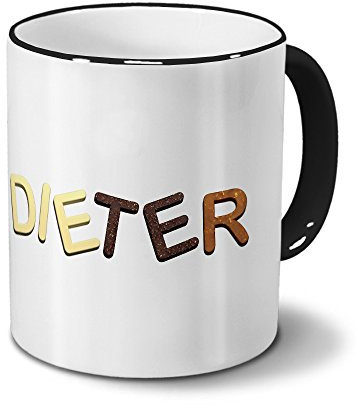 printplanet Tasse mit Namen Dieter - Motiv Schokoladenbuchstaben - Namenstasse, Kaffeebecher, Mug, Becher, Kaffeetasse - Farbe Schwarz