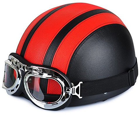 Xiaokesong@Hommes et des femmes Cuir 54-60cm réglable de moto Lunettes casque demi Casques Vintage Style(Rouge)