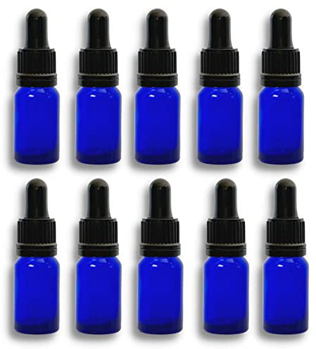 Avalon 10ml Blue Glass Bottle with Glass Dropper Pipette ~ Pack of 10 ~ Refillable, Travel Sized ~ Perfect for Aromatherapy, Essential Oils, Eye and Ear Drops, Fragrances etc