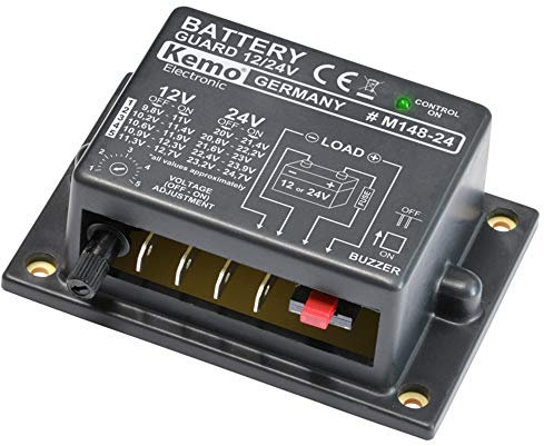 Kemo M148-24 Batteriewächter für 12 oder 24 V/DC. Schützen von Autobatterien vor Tiefentladung. Automatisches Einschalten nach Wiederkehr normaler Spannung. Automatische Batterieerkennung, Schwarz, Grau
