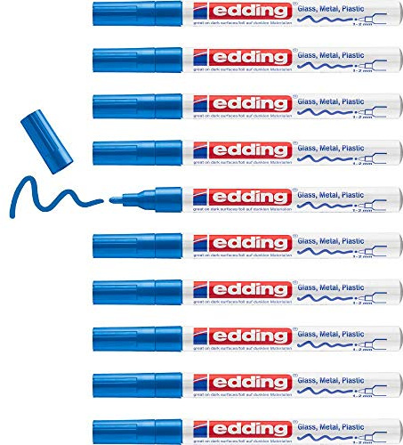 edding 751 gloss paint marker - blue - 10 paint markers - round tip 1-2 mm - paint pen for glass, pebbles, wood, plastic, paper - waterproof, high coverage