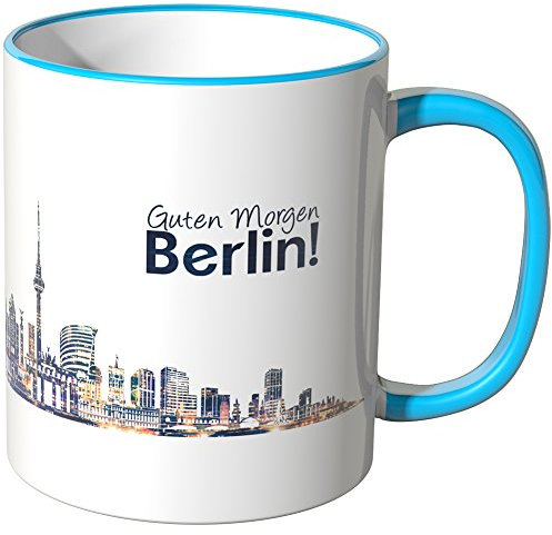 WANDKINGS® Tasse, Schriftzug Guten Morgen Berlin! mit Skyline bei Nacht - BLAU