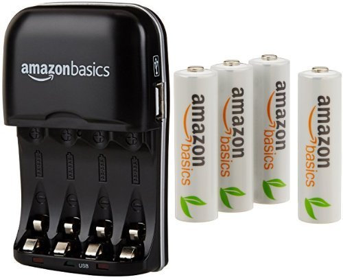Amazon Basics Chargeur de piles Ni-MH AA et AAA avec port USB + 4 piles rechargeables type AA 1000 cycles