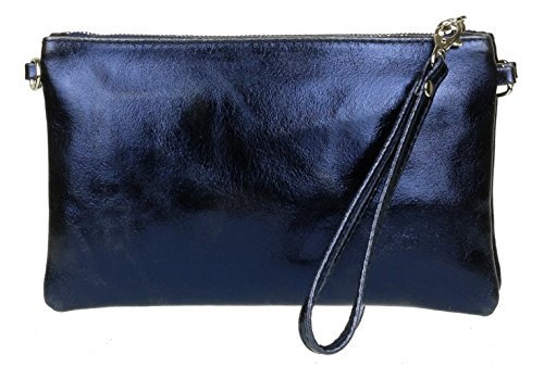 Girly Handbags Womens Genuine Italian Metallic Leather Clutch Bag (Navy)