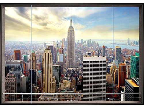 Runa Art Fototapete Fenster New York Modern Vlies Wohnzimmer Schlafzimmer - Made in Germany - 308 x 220 cm Blau Braun 9026010a