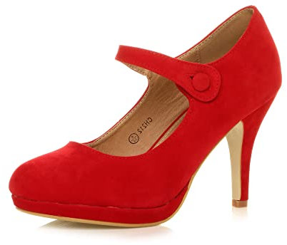 Ajvani Womens Ladies mid high Heel Mary Jane Strap Evening Court Shoes Pumps, 5 UK, Red
