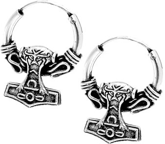 NKlaus PAAR 925 STERLING SILVER Celtic Bali Earrings 16mm Creoles Thor's Hammer 7065