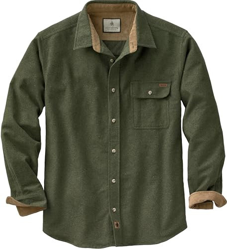 Legendary Whitetails Men's Buck Camp Flannel Shirt, Long Sleeve Heather Button Down for Men Casual Shirt with Corduroy Cuffs Fall & Winter Clothing, Army, X-Large Tall