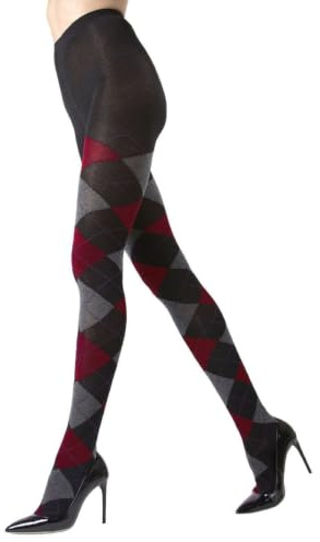 MeMoi Classic Argyle Cotton Tights for Women, Cozy and Stlylish Patterned Sweater Tights - Sizes Small to 6x, Black-Red, Medium/Large