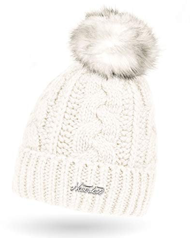 Neverless Damen Strick-Mütze gefüttert mit Fell-Bommel, Kunstfell, Winter-Mütze, Bommelmütze, Creme Unisize