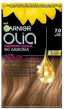Garnier Olia Permanent Hair Dye, No Ammonia, Full Grey Coverage, Long-lasting Colour & Shine, Vegan Formula, Colour: 7.0 Dark Blonde, 230g
