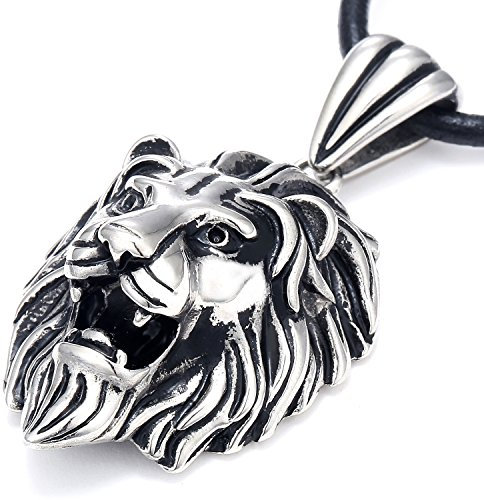 DonDon Herren Halskette Leder und Löwen Anhänger Edelstahl im Schmuckbeutel