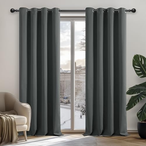 Deconovo Vorhang Blickdicht Verdunkelungsvorhang Dicke Gardine Wohnzimmer Thermogardine Ösen, 240x135cm(HöhexBreite), Dunkelgrau, 2er Set