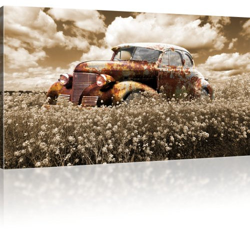 Kunstlab Rostiger Oldtimer Bild auf Leinwand Auto Leinwandbild Wiese Wandbild - 80x45 cm 1-Teilig: Sepia