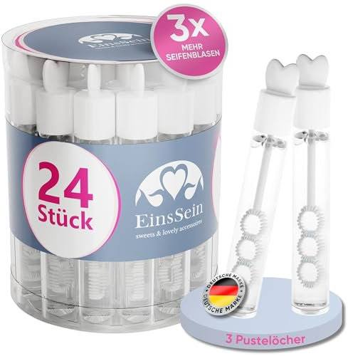 EinsSein Seifenblasen Hochzeit Lovegläschen Set weiß 24 Stück | Gastgeschenke für Hochzeit Taufe Geburtstag Verlobung | Keine Flecken auf Kleidung | Mini Hochzeitsseifenblasen Herz Herzgriff