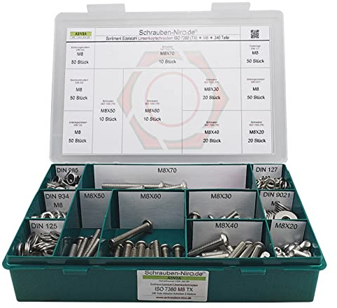 Set Linsenkopfschrauben Torx M8 Edelstahl A2 Muttern Scheiben rostfrei | Sortiment M8 ISO 7380-1 A2 V2A Flachrundkopfschrauben Torx Unterlegscheiben DIN 125 127 9021 DIN 934 985 340 Teile