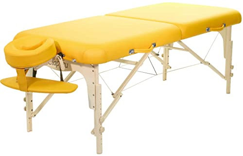 Clap Tzu | Classic Set | professionelle Mobile Massageliege Gelb | 65 mm Polsterung ﻿| ﻿184 x 75 cm | inkl. ﻿Kopfstütze ErgoFit mit Polsterkragen, ﻿Armablage, ﻿Transporttasche ﻿| seit 35 Jahren