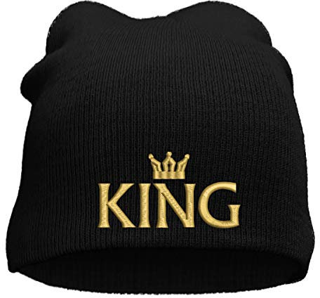 Active Beanie modische Strickmütze Bestickt mit Motiv Krone/King/Queen in Goldener Schrift Stickerei Partner-Mütze für Sie & Ihn (King)
