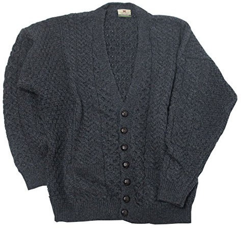 Aran Woollen Mills Men's 100% Merino Wool Irish V-Neck Knit Cardigan (Charcoal, X-Large)