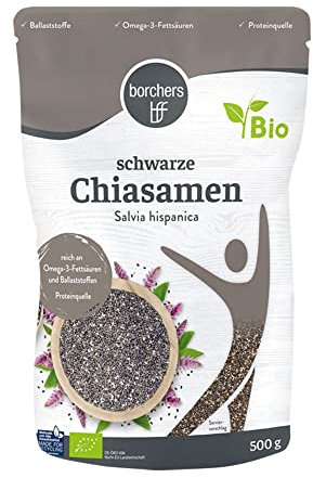 BORCHERS Chia Samen schwarz, 500g, Hohe Quellfähigkeit, ballaststoffreich, Proteinquelle, Omega-3-Fettsäuren, zuckerarm, vegan, Ideal zum Toppen, Backen und Kochen