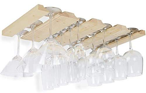 Rustic State Vigo 4 Sectional Adjustable Under Cabinet Mount Wood Stemware Rack Hanging Shelf Glassware Holder Bar Organizer with up to 12 Wine Glass Storage 11 Inch Deep Natural