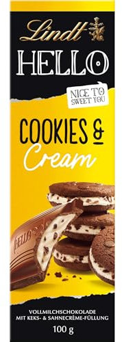 Lindt Schokolade HELLO Cookies & Cream | 100 g Tafel | Vollmilch-Schokolade mit Keks- & Sahnecrème-Füllung | Schokoladentafel | Schokoladengeschenk