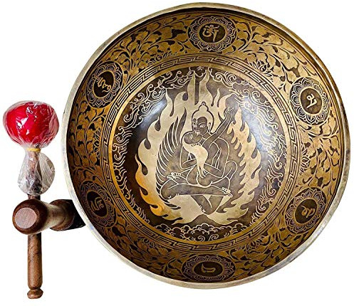 Singing Bowl Nepal 30,5 cm D Note Master Healing Mantra geschnitzte Klangschale, Meditationsschale, tibetische Schalen, freie Klangschale, Seidenkissen, Schlägel und Trommelstab