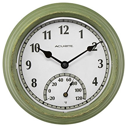 AcuRite 02470 Rustic Green Outdoor Clock with Thermometer, 8.5
