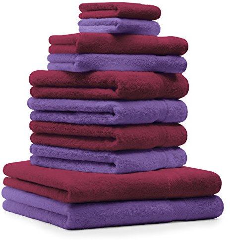 Betz 10-TLG. Handtuch-Set Premium 100% Baumwolle 2 Duschtücher 4 Handtücher 2 Gästetücher 2 Waschhandschuhe Farbe Dunkel Rot & Lila