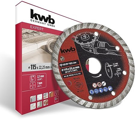 kwb CUT-FIX® Red-Line Diamanttrennscheibe ø 115 mm, mit gesintertem Turborand, 9 Nebenlöcher, hohe Lebensdauer, 22,23 mm Bohrung