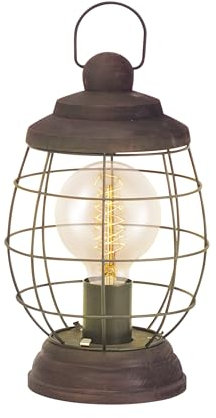 EGLO Tischlampe Bampton, 1 flammige Tischleuchte Industrial, Vintage, Retro, Nachttischlampe Holz und Stahl in Braun-Patina, Laterne mit Schalter, E27 Fassung
