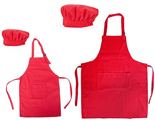 Opromo Delantal de Pintura de Lona de Algodón, Delantales de Cocina y Gorro de Chef para Niños y Adultos-Rojo Conjunto de Padres e Hijos-L