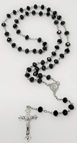 JRose Collections Stylish Black Glass Diamond Cut Rosary Beads Prayer Necklace for Everyone - Perfect for Car, First Communion & Other Religious Beads