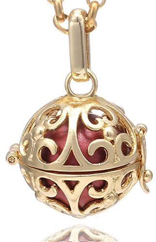 Morella Damen Halskette Edelstahl Gold 70 cm mit Ornament Anhänger Gold und Klangkugel rot Ø 16 mm in Schmuckbeutel