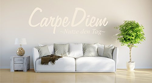 INDIGOS UG - Wandtattoo Wohnzimmer - Wandaufkleber Carpe Diem - Genieße den Tag - 120cm x 37cm creamweiß E947 - Aufkleber Kinderzimmer Schlafzimmer Küche Badezimmer Büro Dekoration