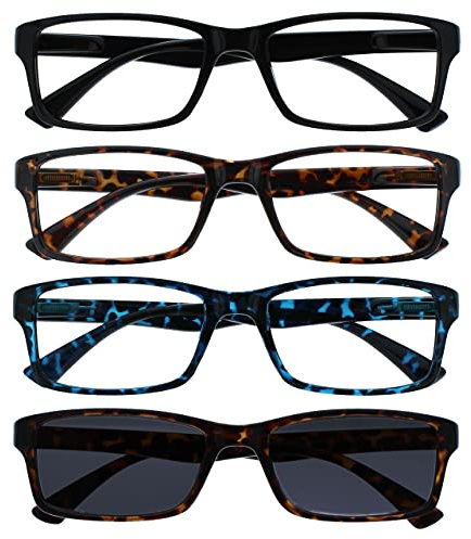 OPULIZE PEP Reading Glasses for Women Men, Large Rectangular Designer Frame with Spring Hinges, Scratch Resistant, Black, Brown, Blue, Brown Sun +1 (Pack of 4)