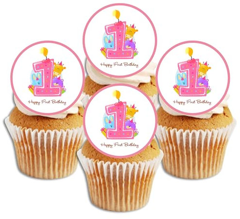 1st Birthday Girl Cake Decorations, Pink Edible Cupcake Toppers, 1st Birthday Party, Girls Cupcake Decorations, Pink Cake Decorations 24 x 1.5 Inch / 4cm Discs UNCUT